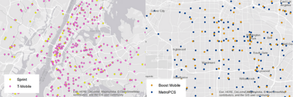 Retail store locations for Sprint and T-Mobile in New York City and Boost Mobile and MetroPCS in Los Angeles.