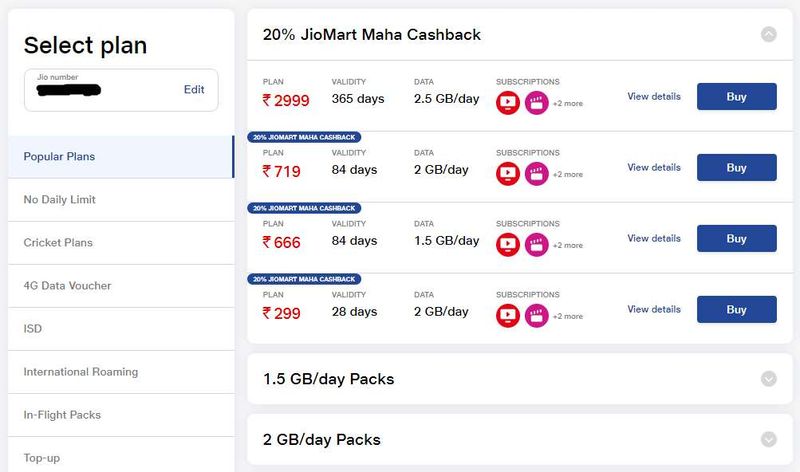 Jio Recharge website